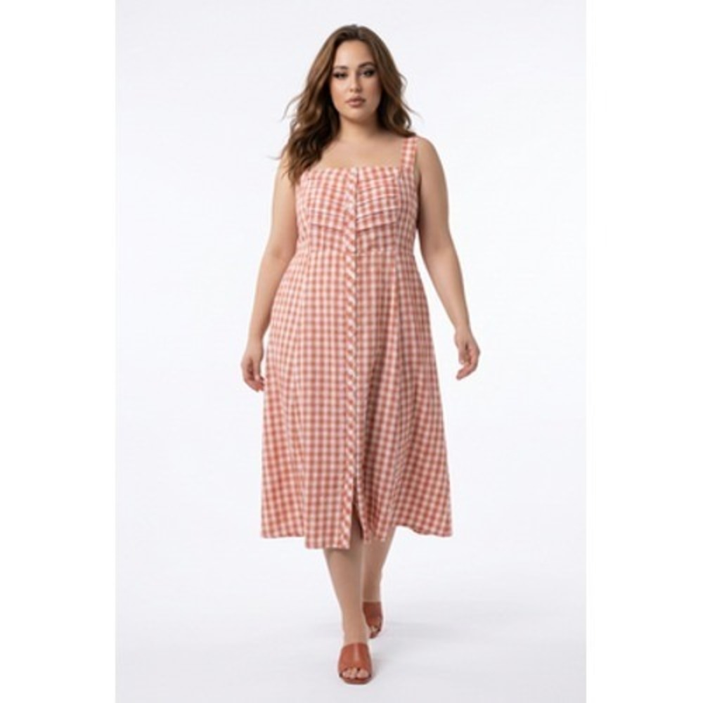 Torrid Dress Womens 1 Orange Gingham Button Front Midi Sundress Lined Summer